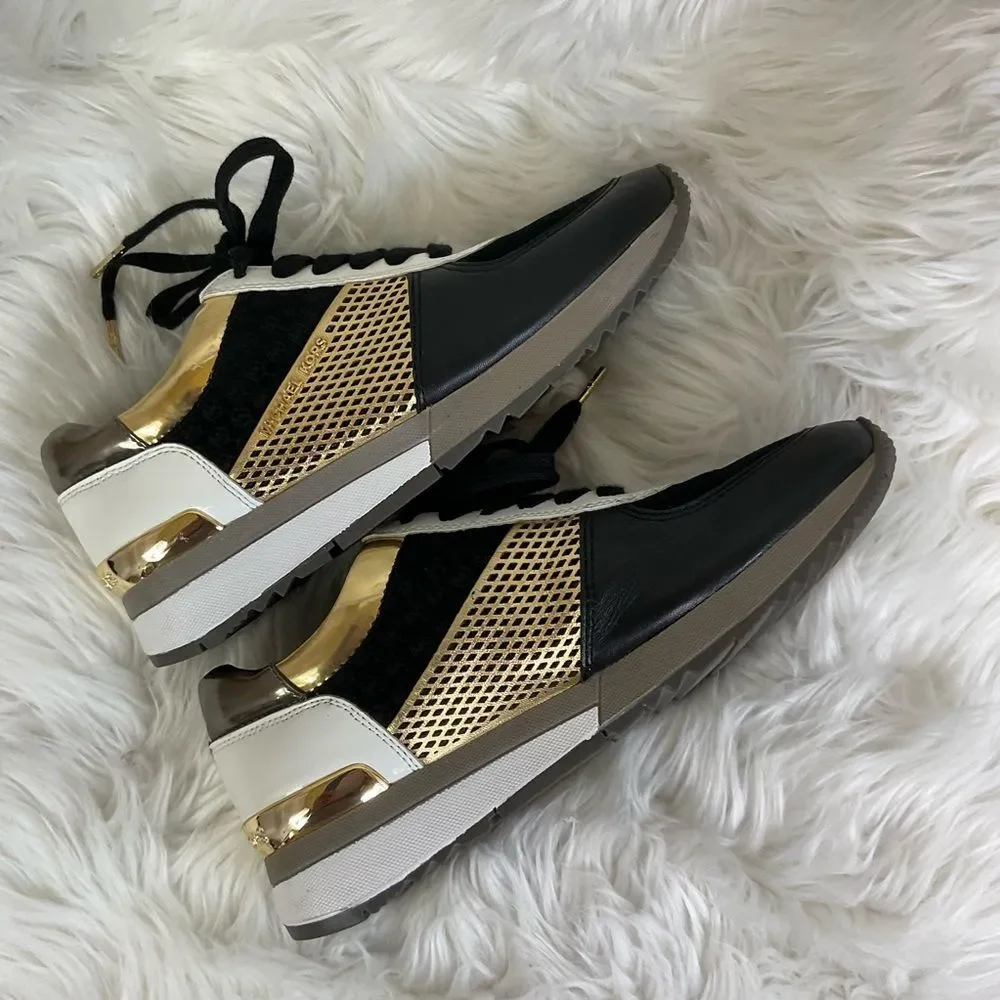 Michael Michael Kors Black Gold Allie Metallic-Trim Leather Sneaker Size 7.5 M